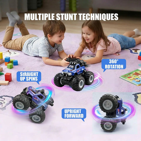 Kids playing with 1 18 Scale RC Monster Truck for Kids with 4WD Drive Music Mist Spray and LED Lights Dope 360 Spin Stunts