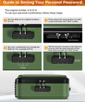 Guide for setting password on Bombproof Fireproof Document Box With Lock Hard Case Organizer For Important Papers Passports Certificates And Laptop Water Resistant Safe Storage For Home Office Green