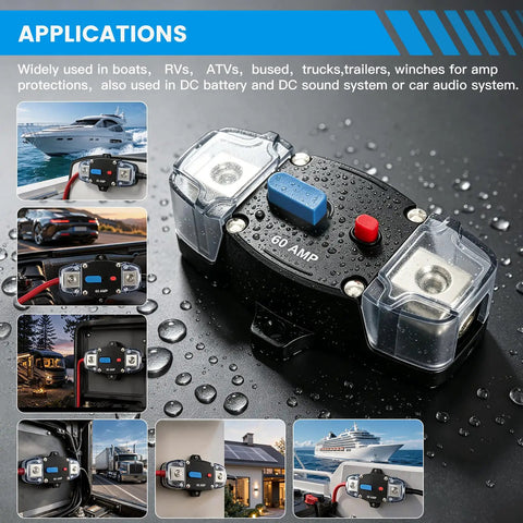 Heavy Duty 200A Dc Circuit Breaker Battery Disconnect Switch Quick Manual Reset For Towing Motors Marine Panels Built Tough 12V To 24V Systems, viewed with water droplets.
