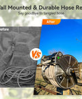 Heavy Duty Stainless Steel Garden Hose Reel With Crank Wall Or Floor Mount Retractable Hose Organizer For 150 Ft Of Five Eighth Inch Hose No More Messy Coils Easy Wind Roll And Store Built Tough For The Yard before and after installation image