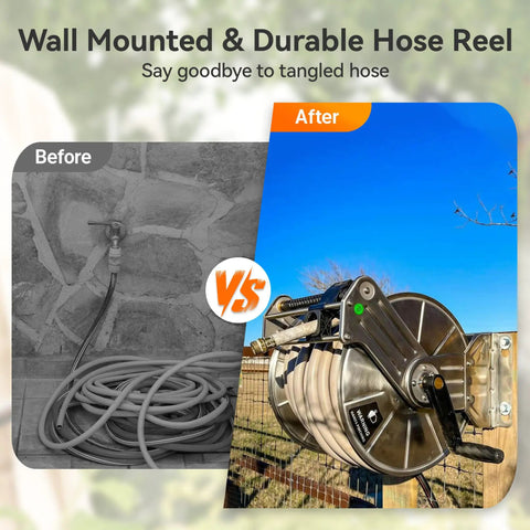Heavy Duty Stainless Steel Garden Hose Reel With Crank Wall Or Floor Mount Retractable Hose Organizer For 150 Ft Of Five Eighth Inch Hose No More Messy Coils Easy Wind Roll And Store Built Tough For The Yard before and after installation image