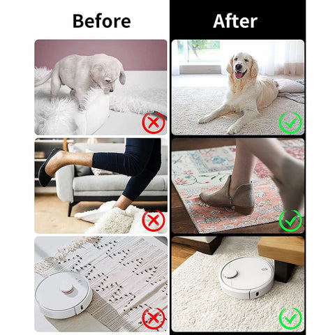 Before and after use of 16 Pcs Non Slip Rug Grippers Keep Area Rug Corners Flat Prevent Curling And Bunching Reusable Washable Rug Tape For Hardwood Floors And Tiles Dual Sided Adhesive Rug Holder For A Clean Secure No Slip Look with pets and vacuum cleaner.