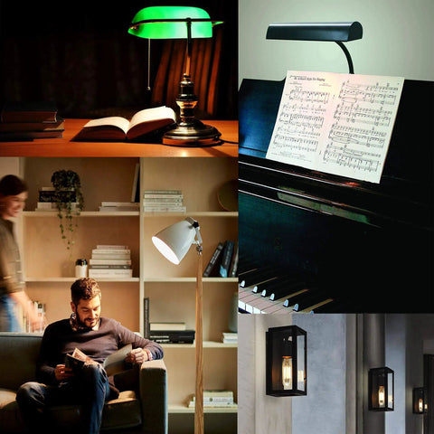 Collage showing Dimmable 6W Tubular LED Bulbs 60W Equivalent lighting desk lamps, a piano, reading area, and wall sconces
