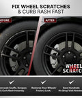 DIY Pro-Grade Wheel Rim Touch Up Paint Kit - Matte And Gloss Black Pens For Curb Rash Scratches And Chips Fast-Drying Long-Lasting OEM Finish 2-Pack For Aluminum And Steel Wheels At Home shown in before and after use on a wheel rim.