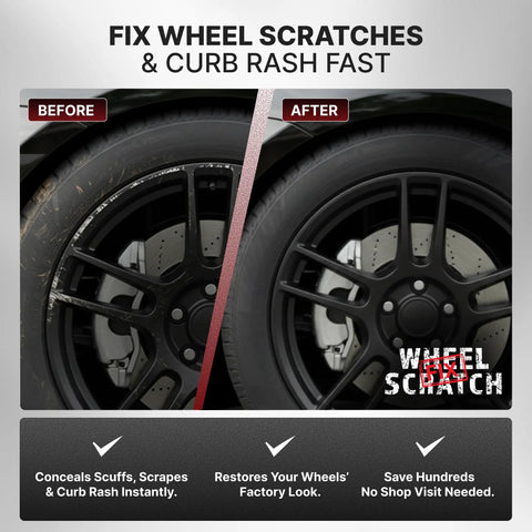 DIY Pro-Grade Wheel Rim Touch Up Paint Kit - Matte And Gloss Black Pens For Curb Rash Scratches And Chips Fast-Drying Long-Lasting OEM Finish 2-Pack For Aluminum And Steel Wheels At Home shown in before and after use on a wheel rim.
