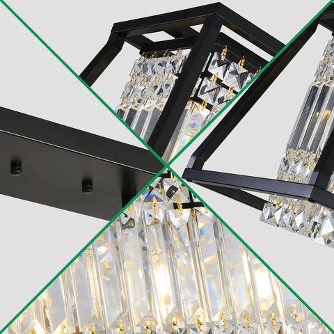Close-up of Lit Black Crystal Chandelier Pendant Light For Dining Room And Kitchen Island, 5-Light Rectangular Fixture