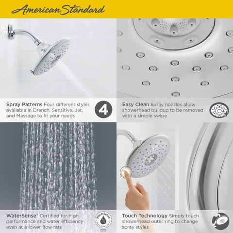 Collage showing Spectra Plus Touch 4 Function Shower Head With No-Fuss Easy Clean Nozzles in Legacy Bronze, features and sprays displayed