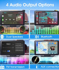 Plug and Play Wireless CarPlay Car Stereo Road Trip Ready With 7 Inch HD Touchscreen showing dual speakers, Bluetooth, FM, AUX.