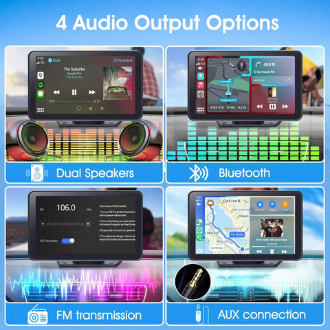 Plug and Play Wireless CarPlay Car Stereo Road Trip Ready With 7 Inch HD Touchscreen showing dual speakers, Bluetooth, FM, AUX.