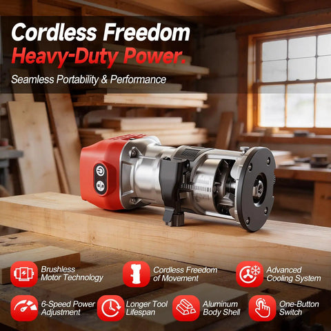 Cordless 800W Brushless Palm Router Kit for On The Go Woodworking compact tool in workshop with power and performance icons