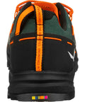 Back view of Men's Wildfire Canvas Hiking Shoe in Bungee Cord Black, size 11 M, showing heel design and orange accents.