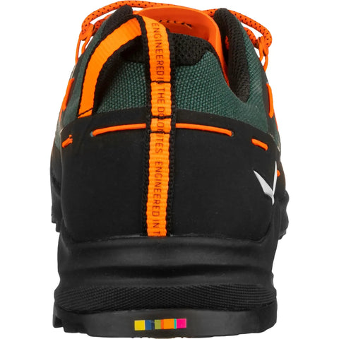 Back view of Men's Wildfire Canvas Hiking Shoe in Bungee Cord Black, size 11 M, showing heel design and orange accents.