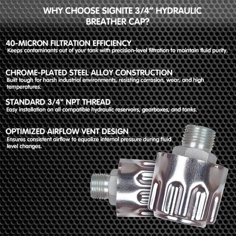 Heavy Duty Hydraulic Breather Cap Three Quarter Inch NPT With 40 Micron Filtration for Reservoir Tanks and Gearboxes