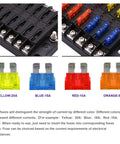 Close-up of a 12 Way Blade Fuse Box Holder with LED Indicator and Protective Cover showing multiple fuse slots and colored fuses.