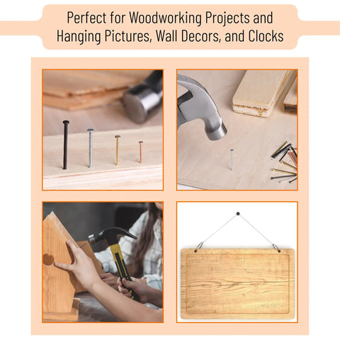Pro Level Steel Nail Assortment Pack With 600 Pieces Across Four Different Sizes shown in use for woodworking projects.