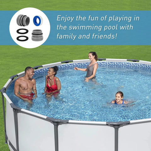 Group enjoying above-ground pool with Hose Conversion Adapters Kit for Intex Coleman 4560 40mm to One and a Half Inch in view.