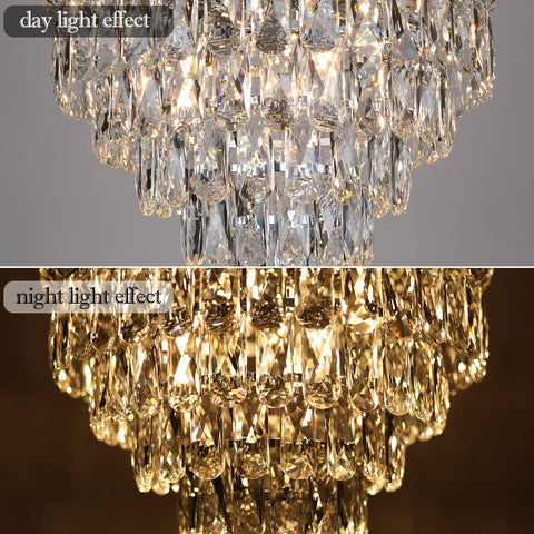 Nine Light Crystal Chandelier With K9 Crystals, Chrome Finish, Modern Luxe Vibe; daylight and night lighting effects shown.