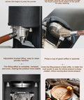 Game Changing Electric Coffee Tamper With 30 Kg Steady Pressure And Easy Touch Screen Controls shown with automatic induction and cleaning features.