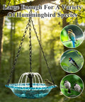 Hanging bird bath with solar powered fountain for outdoor garden, hanging from tree, with birds drinking and bathing.