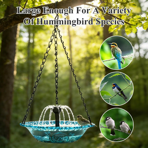 Hanging bird bath with solar powered fountain for outdoor garden, hanging from tree, with birds drinking and bathing.