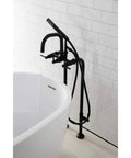 Concord Freestanding Tub Faucet With Supply Line Matte Black Finish shown beside white tub in modern bathroom.