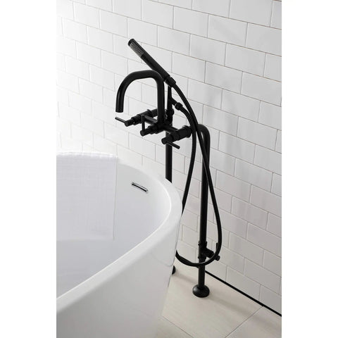 Concord Freestanding Tub Faucet With Supply Line Matte Black Finish shown beside white tub in modern bathroom.