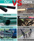 Comparison of Heavy Duty 5 Tines Broad Fork Garden Tool with steel vs wooden handle, heavy vs thin construction, strong vs weak load-bearing.