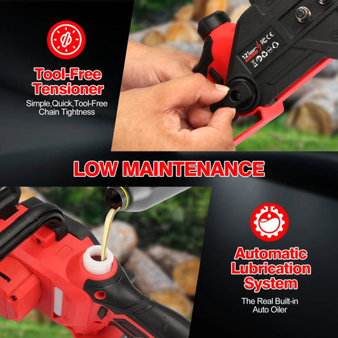 Manual adjustment and oiling of 12 Inch Brushless Cordless Chainsaw Tool Only, 1000W Copper Motor, Auto Oiler, Security Lock, Battery Not Included, 18V Compatible, A Real Powerhouse For Tree Trimming And Branch Wood Cutting
