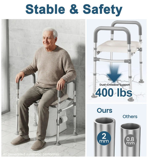 Heavy Duty Aluminum Raised Toilet Seat Riser For Seniors Featuring Dual Crossbar Handles Solid As Rock Four Leg Base Supports Up To 400 Pounds Hassle Free Bathroom Mobility Support Tool