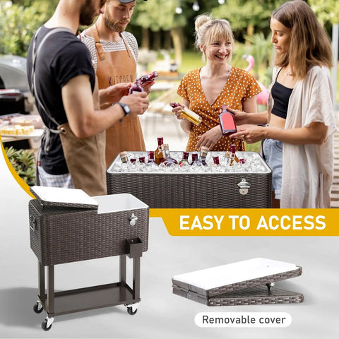 People enjoying drinks from Portable Patio Cooler Bar Cart 80QT Rolling Beverage Station with storage shelf and lockable wheels