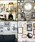 Collage of living room wall art displays from different homes featuring framed pictures, mirrors, and various decorative items.