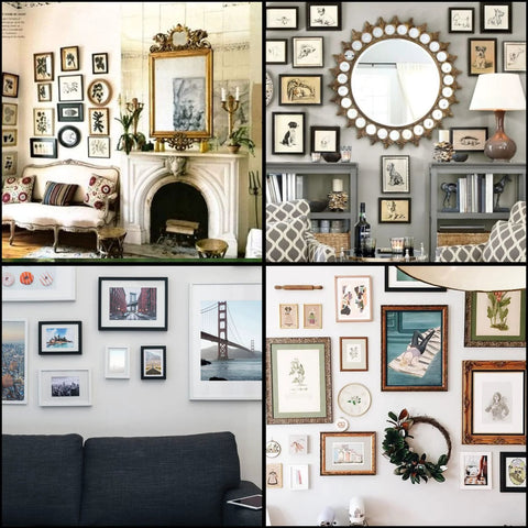Collage of living room wall art displays from different homes featuring framed pictures, mirrors, and various decorative items.