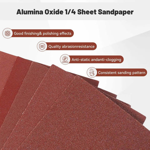 Spread of 1/4 sheet sandpaper highlighting abrasion resistance and polishing effects.