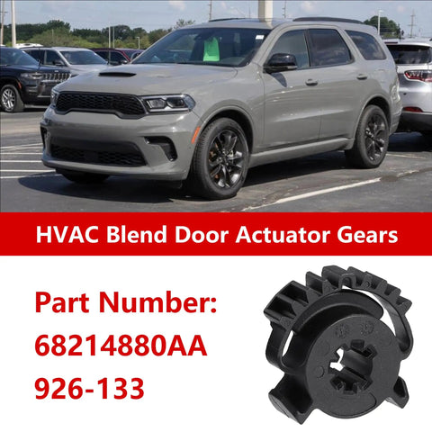 Top Shelf Hvac Blend Door Actuator Gear For Dodge Durango And Jeep Grand Cherokee Quick Swap Replacement part on a vehicle background.