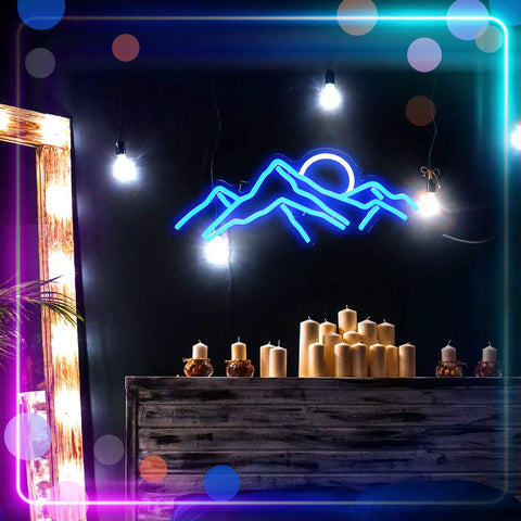 Sunrise Mountain Neon Light Sign USB Powered LED Wall Decor With Moon And Peaks for bedroom wall over candles.