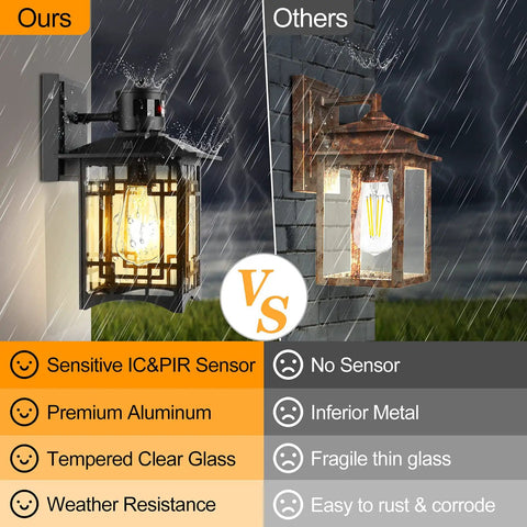 Comparison of Smart Motion Sensor Outdoor Wall Light With Dusk To Dawn Auto High Output On Motion Anti Rust Matte Black Wall Lantern showing durability against rust and water in rain.