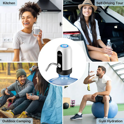Collage showcasing a 5 Gallon Water Bottle Dispenser with USB Charging Pump for camping, home, office, and picnic use, white.