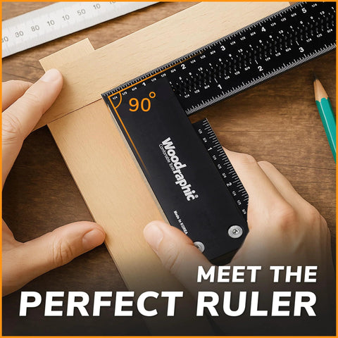 Woodraphic 8-inch aluminum carpenter's square with 90° right-angle ruler.