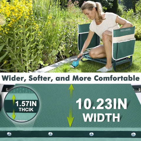 Woman using 2 In 1 Garden Kneeler And Seat Foldable Bench With Ten Point Two Three Inch Wide Kneeling Pad for gardening