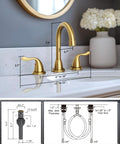 Dope Brushed Gold 8 Inch Widespread Bathroom Faucet With Two Handles And Drain Assembly For 3 Hole Sinks Mid Century Modern Style Durable Brass Construction Easy Installation And Water Saving Design shown with dimensions and design features.