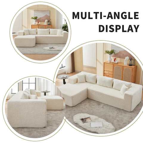 No Fuss 107 Inch Modular Sofa Set Of 2 With Left Facing Chaise, White Corduroy Fabric, No Assembly Required, multi-angle display