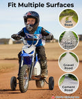 Child riding mini bike with 4PR Dirt Bike Training Wheels Kit With Adjustable Height for Mini Bikes and Dirt Bikes on dirt road