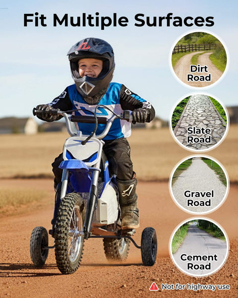 Child riding mini bike with 4PR Dirt Bike Training Wheels Kit With Adjustable Height for Mini Bikes and Dirt Bikes on dirt road