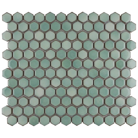 Mint Green Hex Porcelain Mosaic Tile For Floors And Walls, 1 Inch Hex, Mesh Mounted, Glossy Finish With Subtle Tone Variation