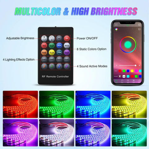 RF remote and app for Six Piece Dope Underglow Neon Accent Strip Lights With 300 LEDs RGB Multi Color DIY Sound Active Music Mode.