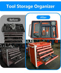 Before and after of a tool chest organized with the 68 Piece Tool Box Organizer Set With 5 Size Drawer Inserts For Desk Garage And Workbench Dope Small Parts Widgets For Pro Grade Organization In Tool Chest Drawers.