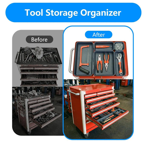 Before and after comparison of tool chest organized with 50 Piece Toolbox Organizer Set with Five Sizes for Drawer