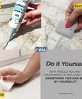 Tile Grout Repair Kit With Premixed Acrylic Sanded Grout For Bathrooms, Showers, And Kitchens, Water Resistant Tube With Applicator, Fills Cracks And Gaps In Grout Lines, Gray Color 8.8 Ounce being applied to a tile surface in three steps: fill, scrape, wipe.