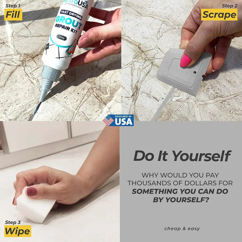 Tile Grout Repair Kit With Premixed Acrylic Sanded Grout For Bathrooms, Showers, And Kitchens, Water Resistant Tube With Applicator, Fills Cracks And Gaps In Grout Lines, Gray Color 8.8 Ounce being applied to a tile surface in three steps: fill, scrape, wipe.