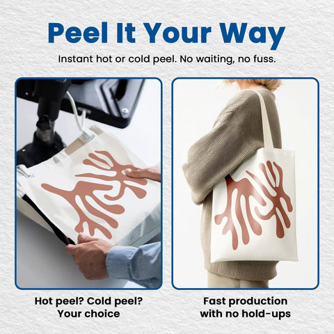 Transfer Film Sheets A4 8.3 By 11.7 Inches Double Matte With Hot Peel And Cold Peel For DTF Printers in use on tote bag